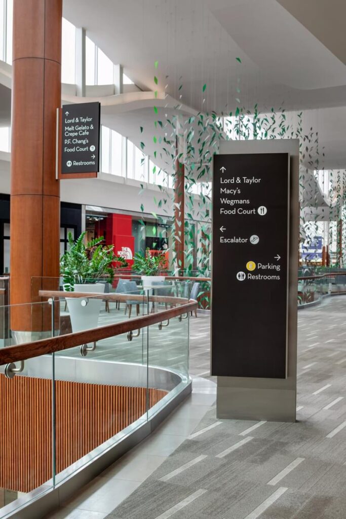 Interior wayfinding totem in a shopping center with directional signage and branded navigation by Gable.