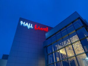 Halo illuminated brand identity outdoor entryway signage for The Hall At Live! Casino & Hotel