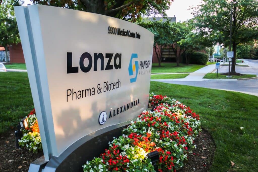 Lonza Pharma & Biotech monument sign at Alexandria campus with corporate exterior signage by Gable.
