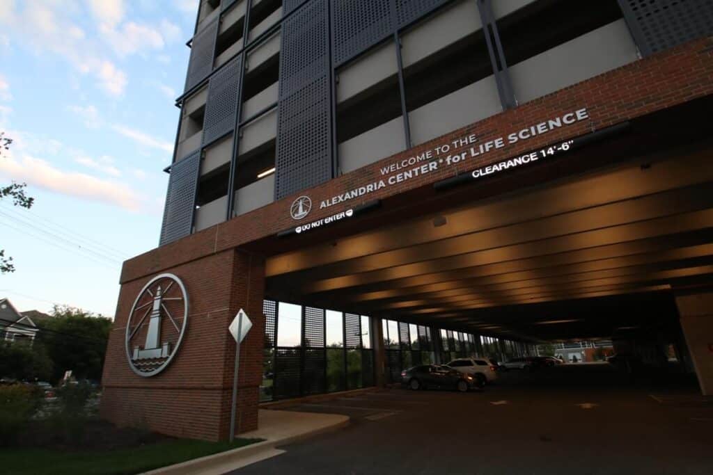 Alexandria Center for Life Science parking entrance with clearance signage and branded wayfinding by Gable.