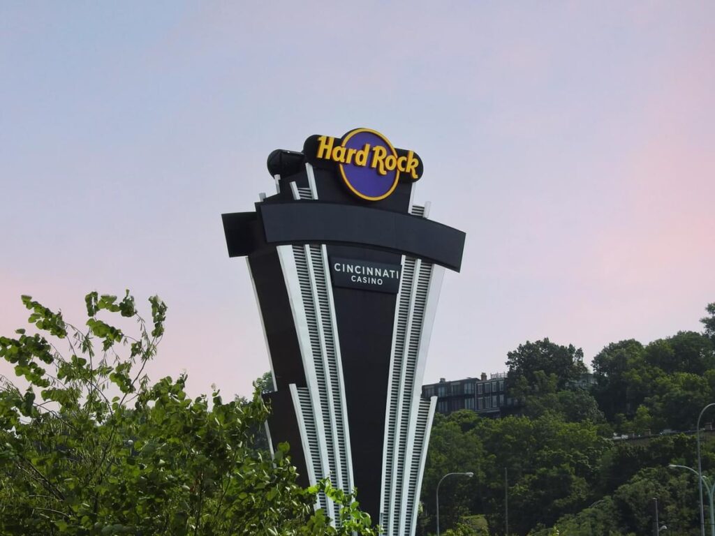 Hard Rock vertical roadside pylon sign with illuminated branding and custom casino signage by Gable.
