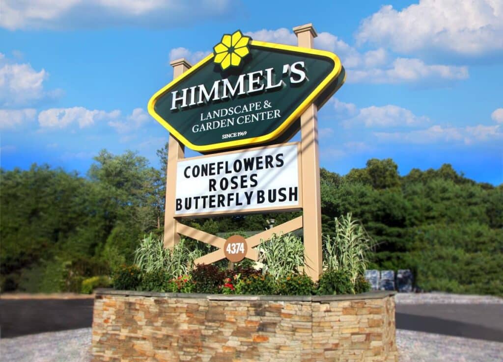 Himmel’s Landscape & Garden Center monument sign with changeable letter panel and custom exterior branding by Gable.