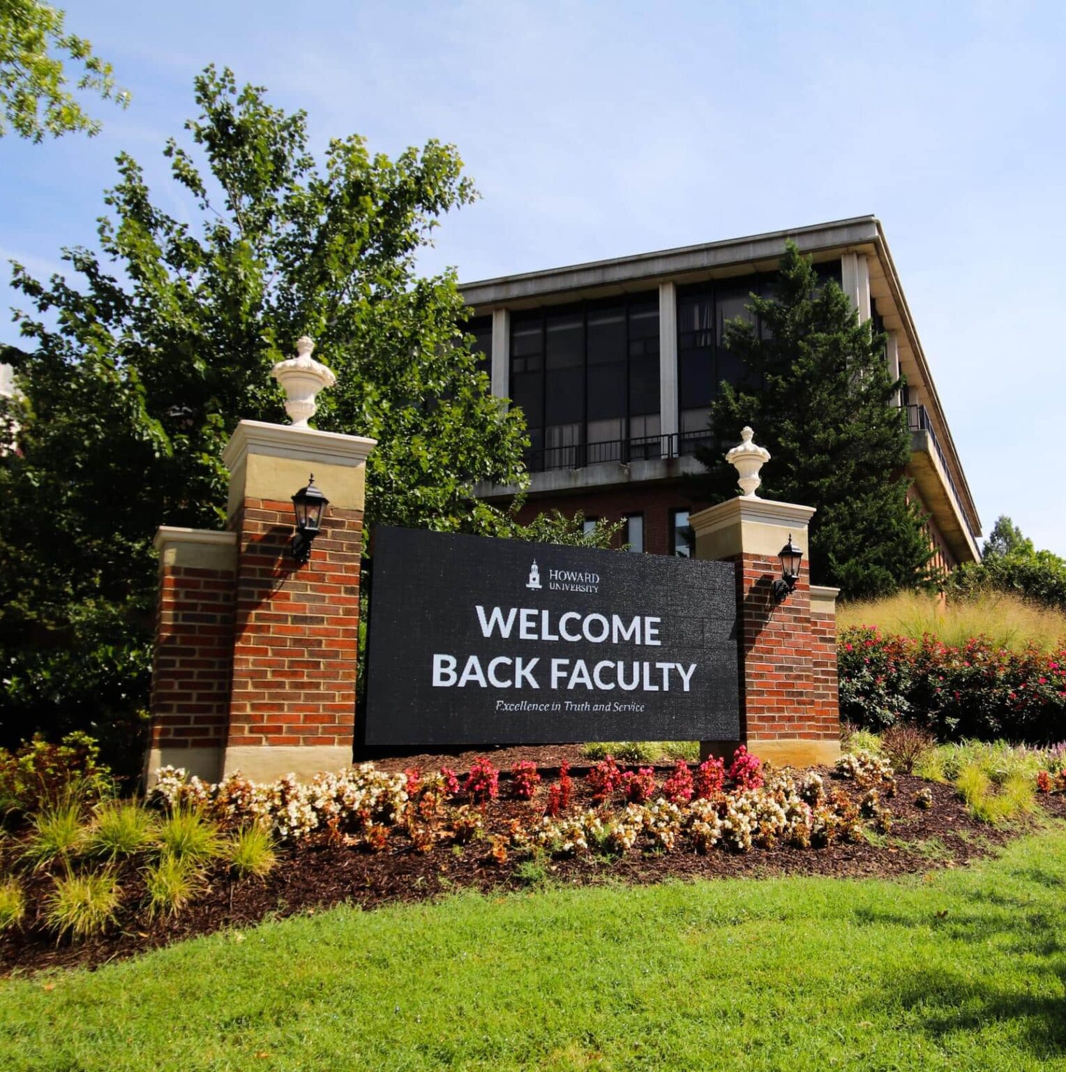 Howard University campus sign displaying the message "Welcome Back Faculty".