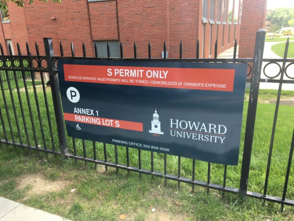 Wayfinding Parking Sign Lot P at Howard University.