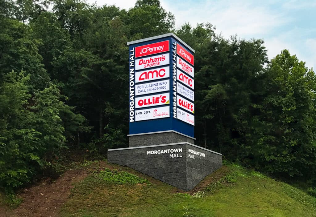 Morgantown Mall monument sign featuring tenant listings and exterior retail wayfinding by Gable.