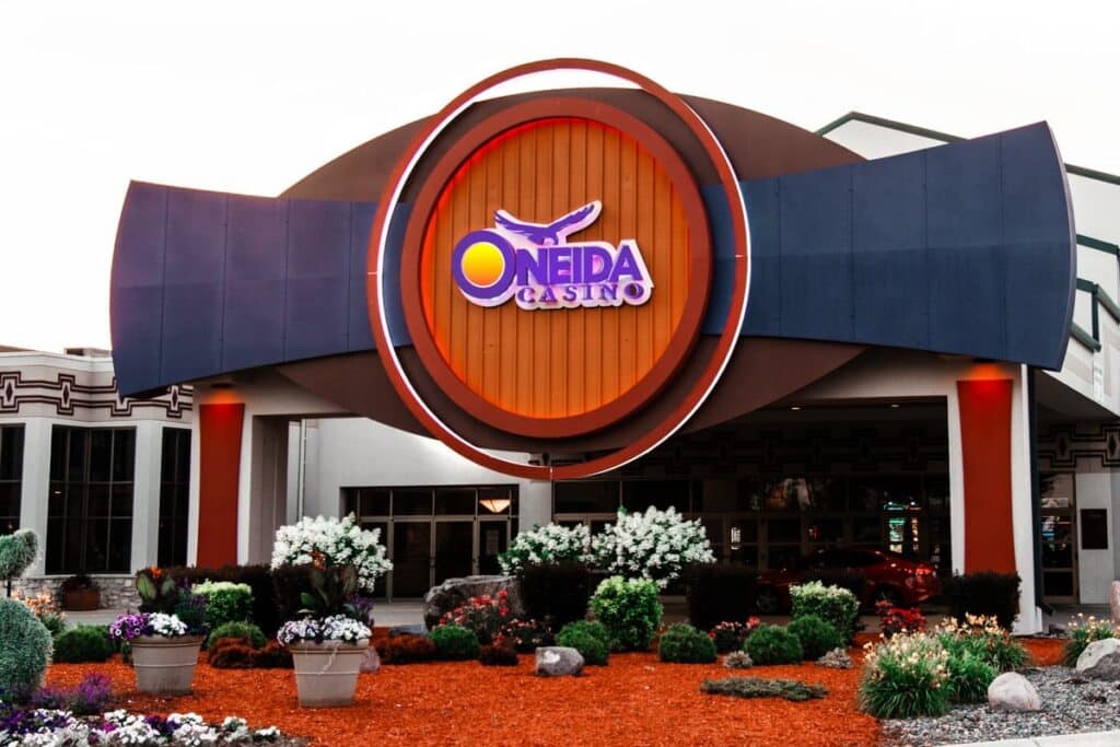 Oneida Casino front entrance with monument-style architectural signage and landscaped hospitality branding by Gable.