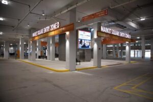 SEG frame graphics and illuminated identification parking garage signage at The Corners of Brookfield
