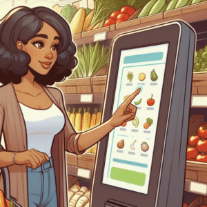 Cartoon Image To Resemble Retail Media Networks in Action Buying Produce with Interactive Kiosk Software in a Grocery Store