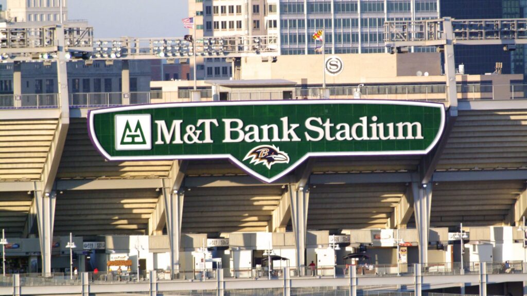 M&T Bank Stadium exterior entrance signage for the Baltimore Ravens, showcasing large-scale branded visual communications by Gable.