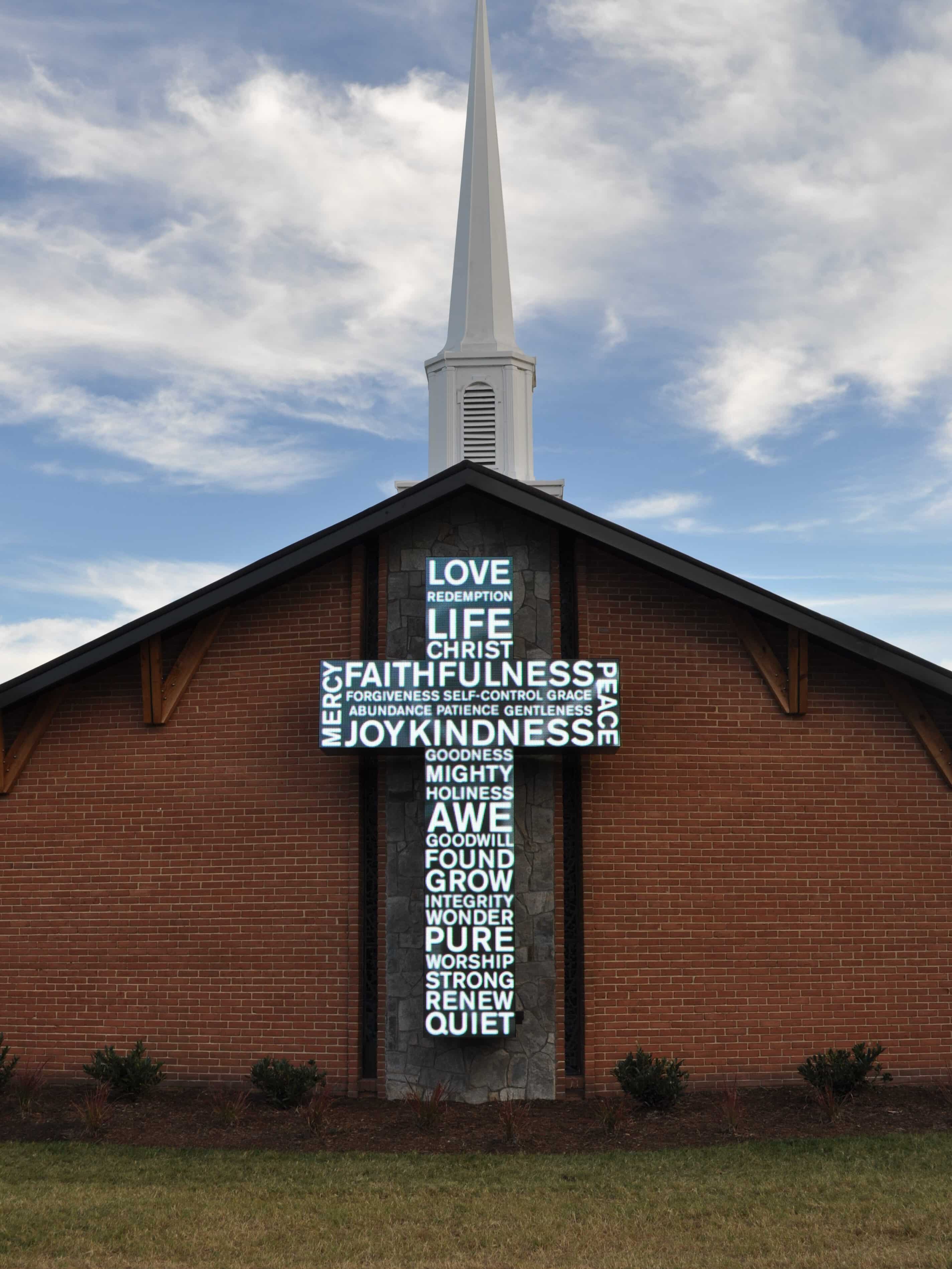 Church on the Rock monument sign with custom exterior church branding and architectural signage by Gable.