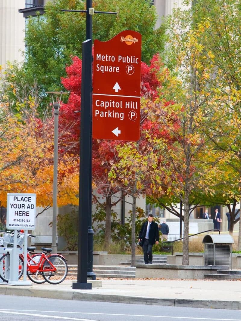 Nashville pedestrian wayfinding sign for Metro Public Square and Capitol Hill parking, featuring urban signage by Gable.