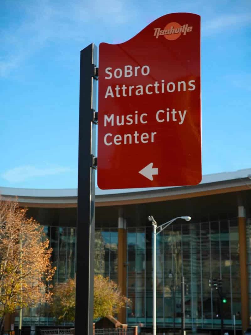 Music City Center and SoBro attractions wayfinding sign with branded downtown navigation by Gable.
