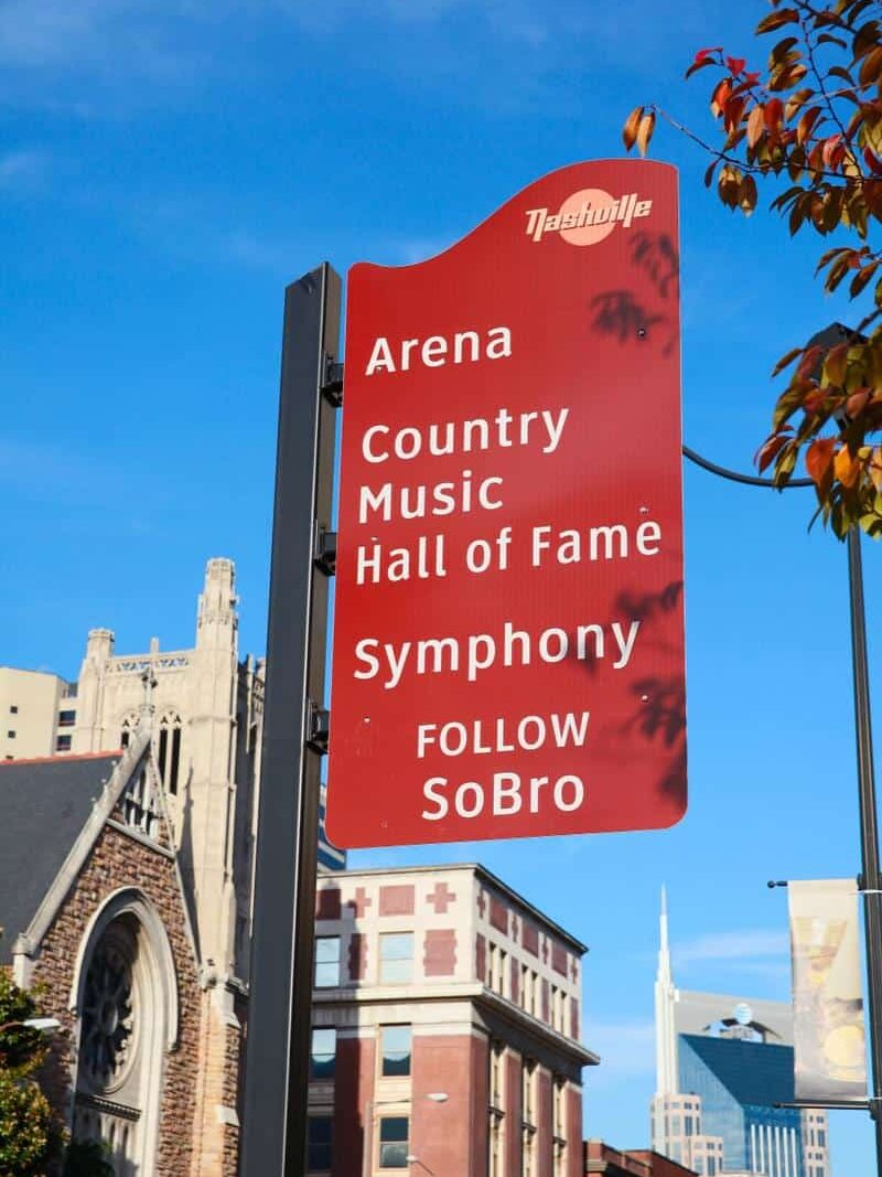 Nashville wayfinding sign directing visitors to the arena, Country Music Hall of Fame, symphony, and SoBro, designed by Gable.