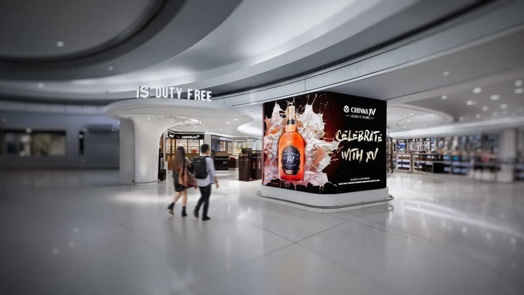 Duty Free store at John F. Kennedy International Airport featuring immersive LED digital signage and content management by Gable.