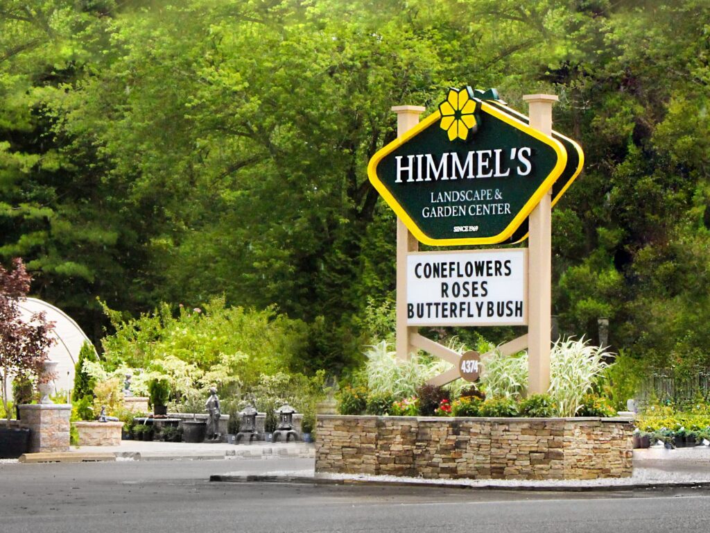 Himmel’s Landscape & Garden Center monument sign surrounded by landscaping, showcasing custom exterior signage by Gable.