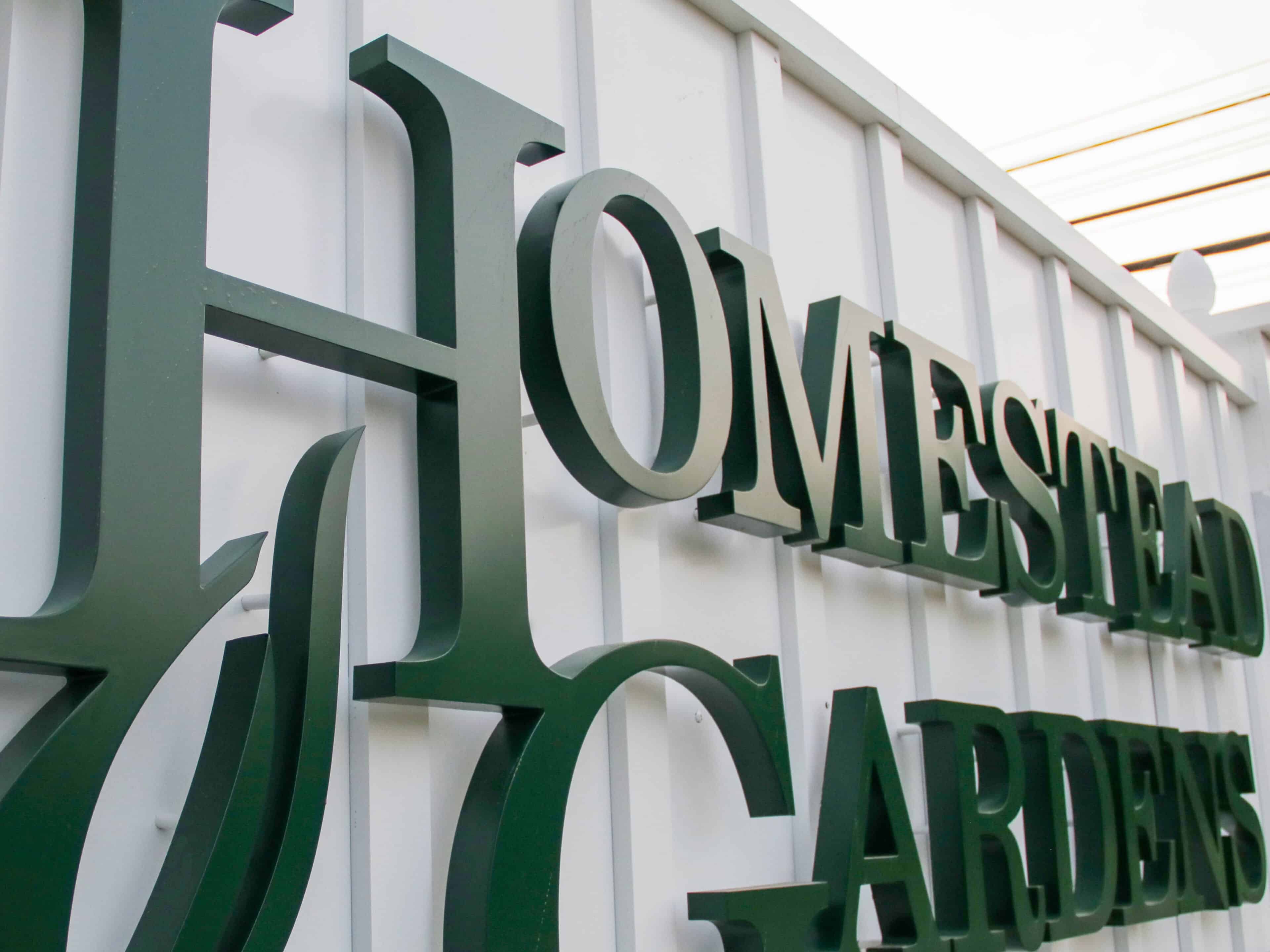 Close-up of Homestead Gardens dimensional logo signage showcasing custom exterior branding by Gable.