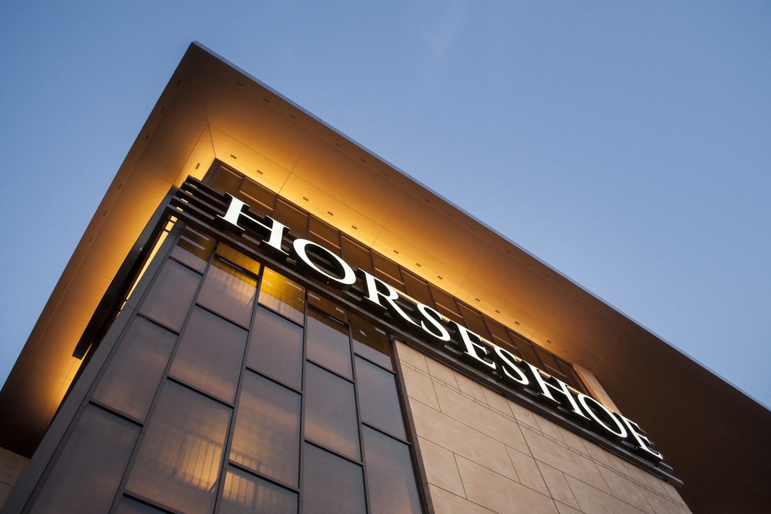 Horseshoe Casino exterior with illuminated architectural signage and large-scale hospitality branding by Gable.