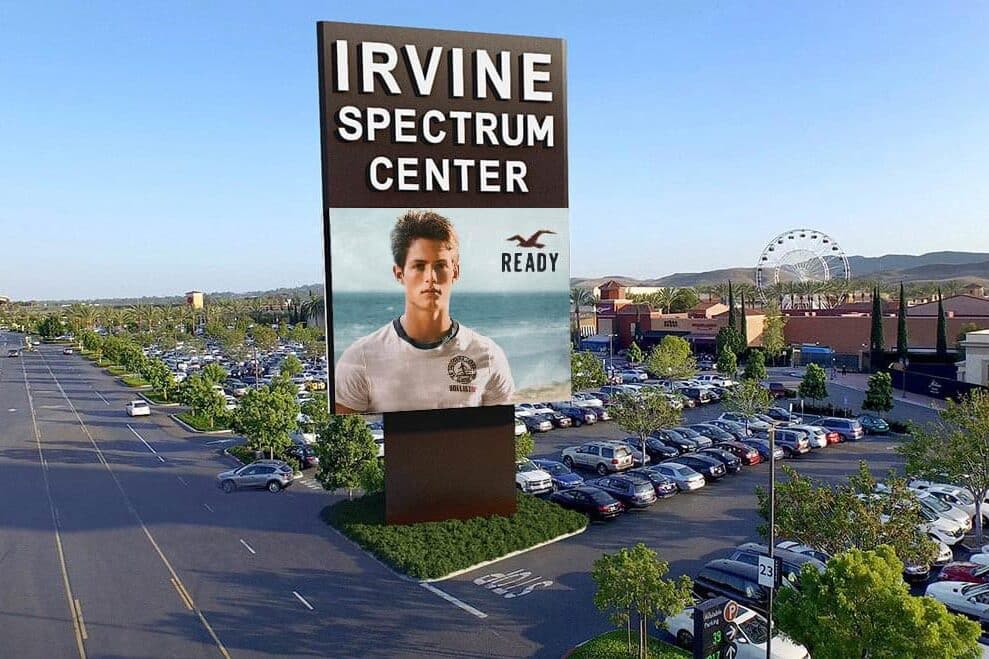 Aerial view of Irvine Spectrum Center monument sign with digital display and shopping center branding by Gable.