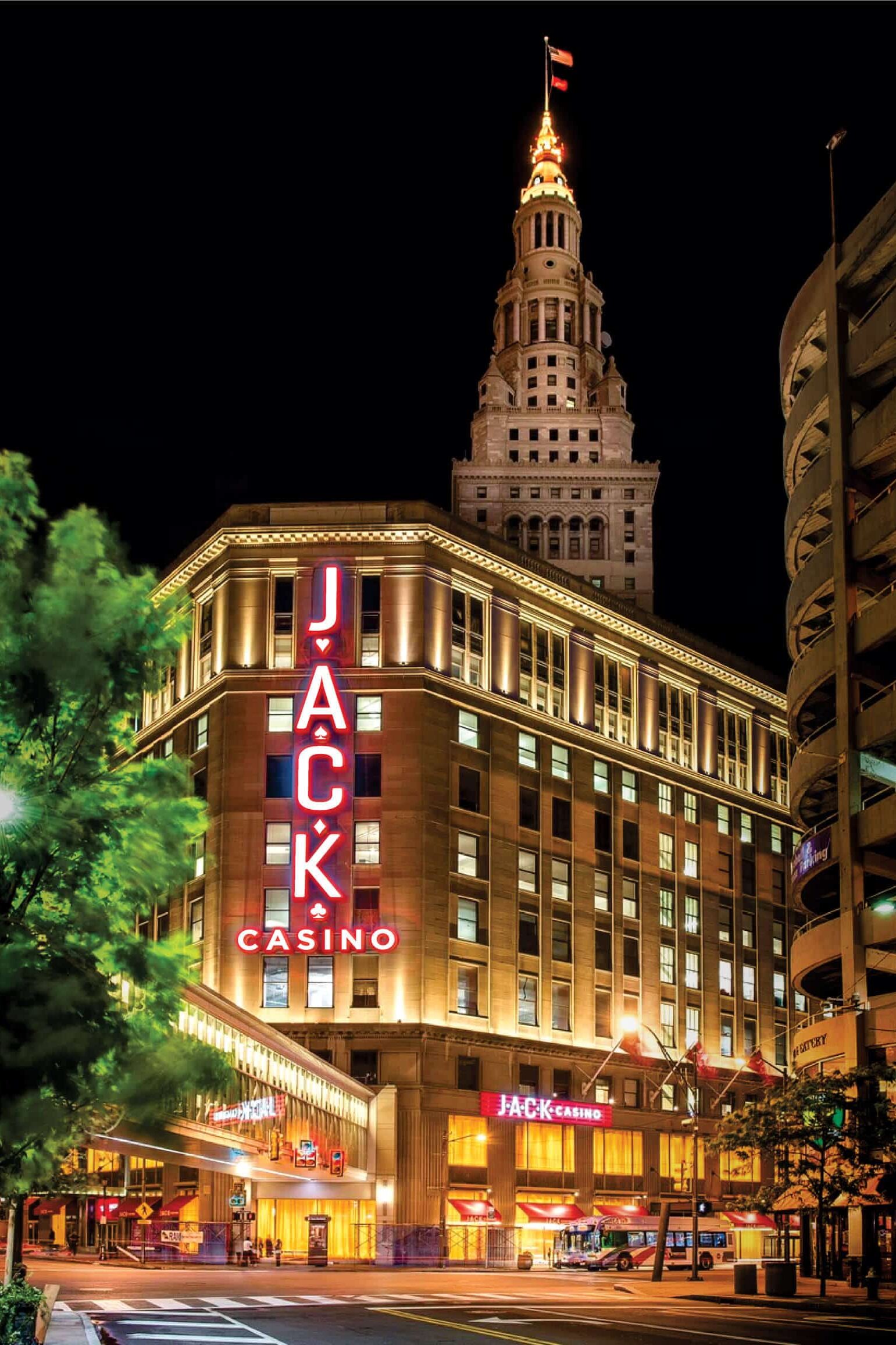 JACK Casino building at night featuring prominent illuminated facade signage and hospitality branding by Gable.