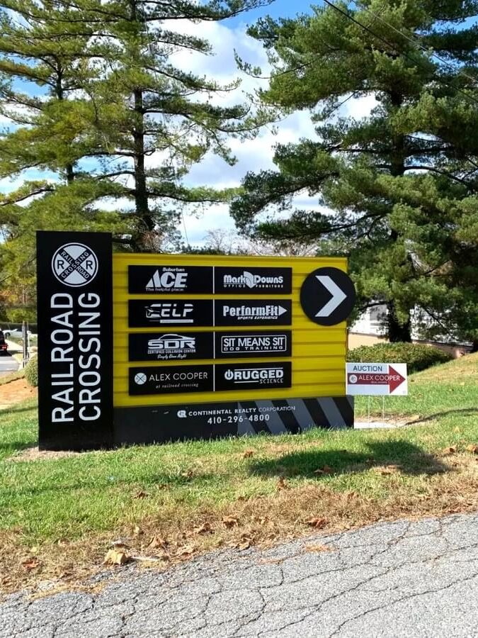 Railroad Square tenant directory sign with multi-business wayfinding and custom visual communications by Gable.