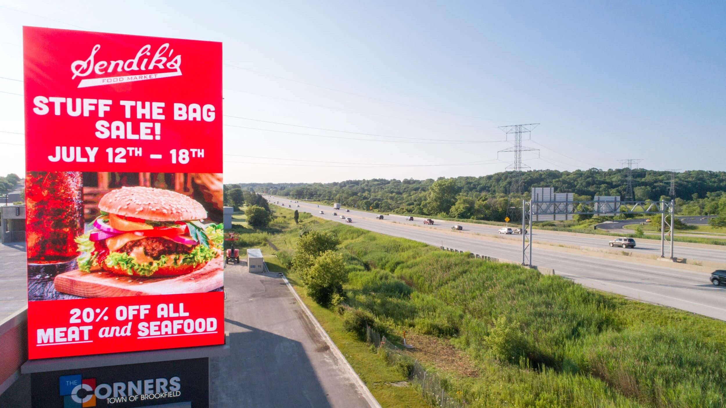 Sendik’s digital billboard advertising a grocery promotion at The Corners of Brookfield, featuring outdoor retail signage by Gable.