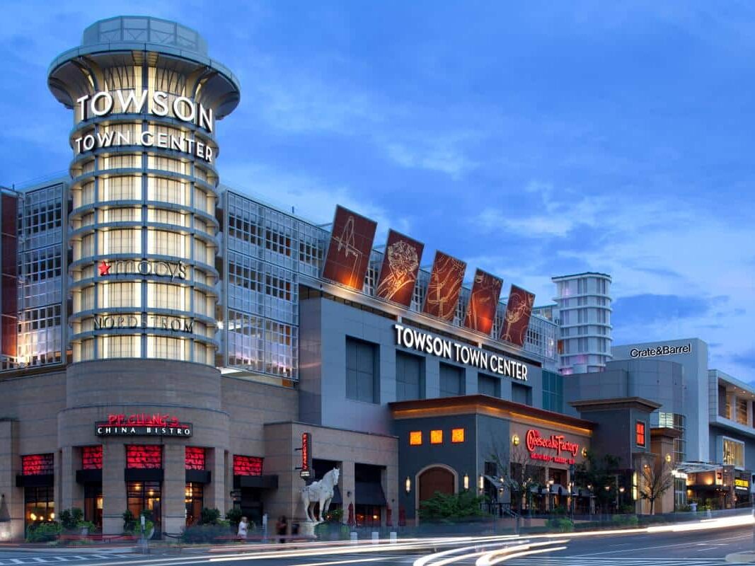 Towson Town Center exterior with illuminated mall branding, architectural signage, and retail visual communications by Gable.